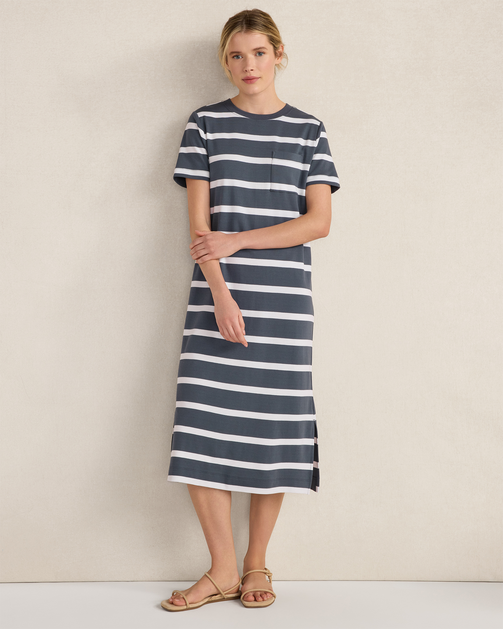 Organic Cotton Interlock Striped Short Sleeve Dress Mixy Stripe Midnight Mult Medium 118$