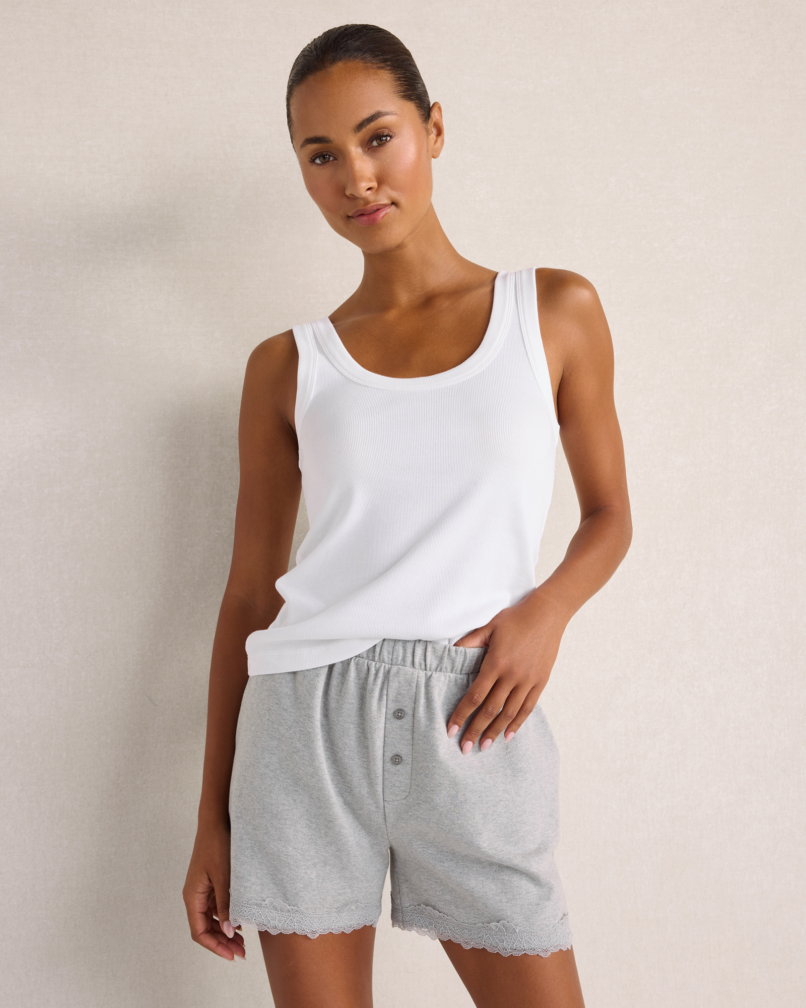 Resti Brushed Organic Cotton Lace Shorts | Pewter Smoke Hthr | XL