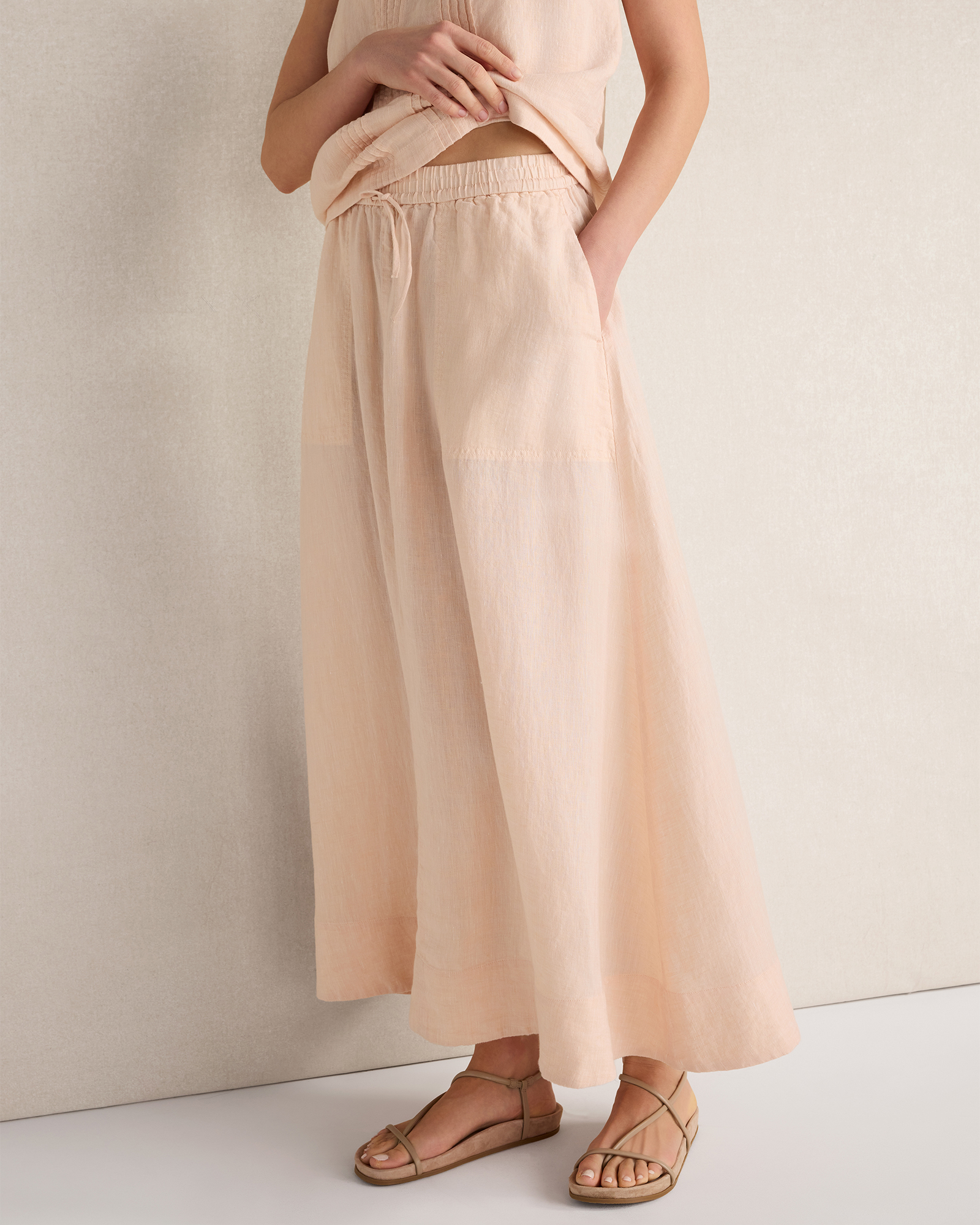Linen Drawstring Midi Skirt Peach Cross Dye Small 148$