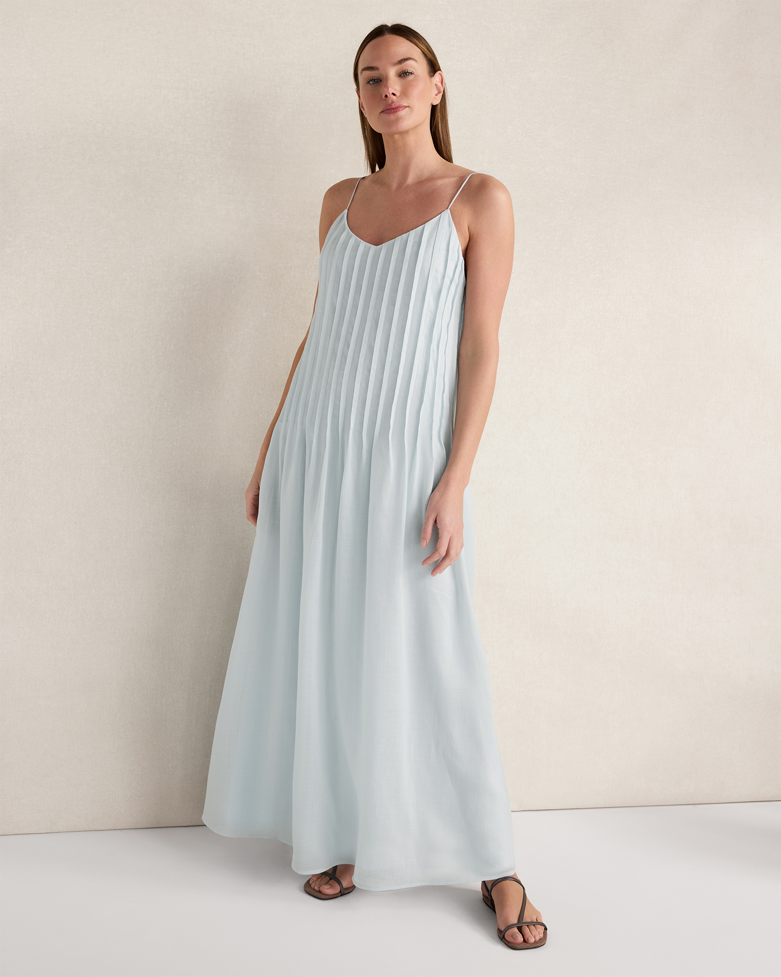 Ramie Blend Pintuck Maxi Dress Ice Blue XXS 188$