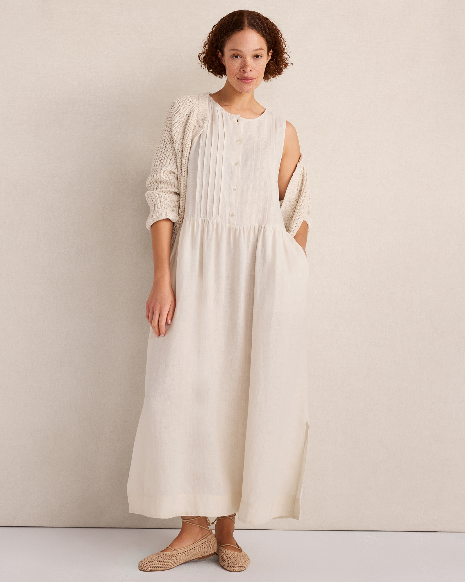 Linen Pintuck Midi Dress | Sandstone | XS