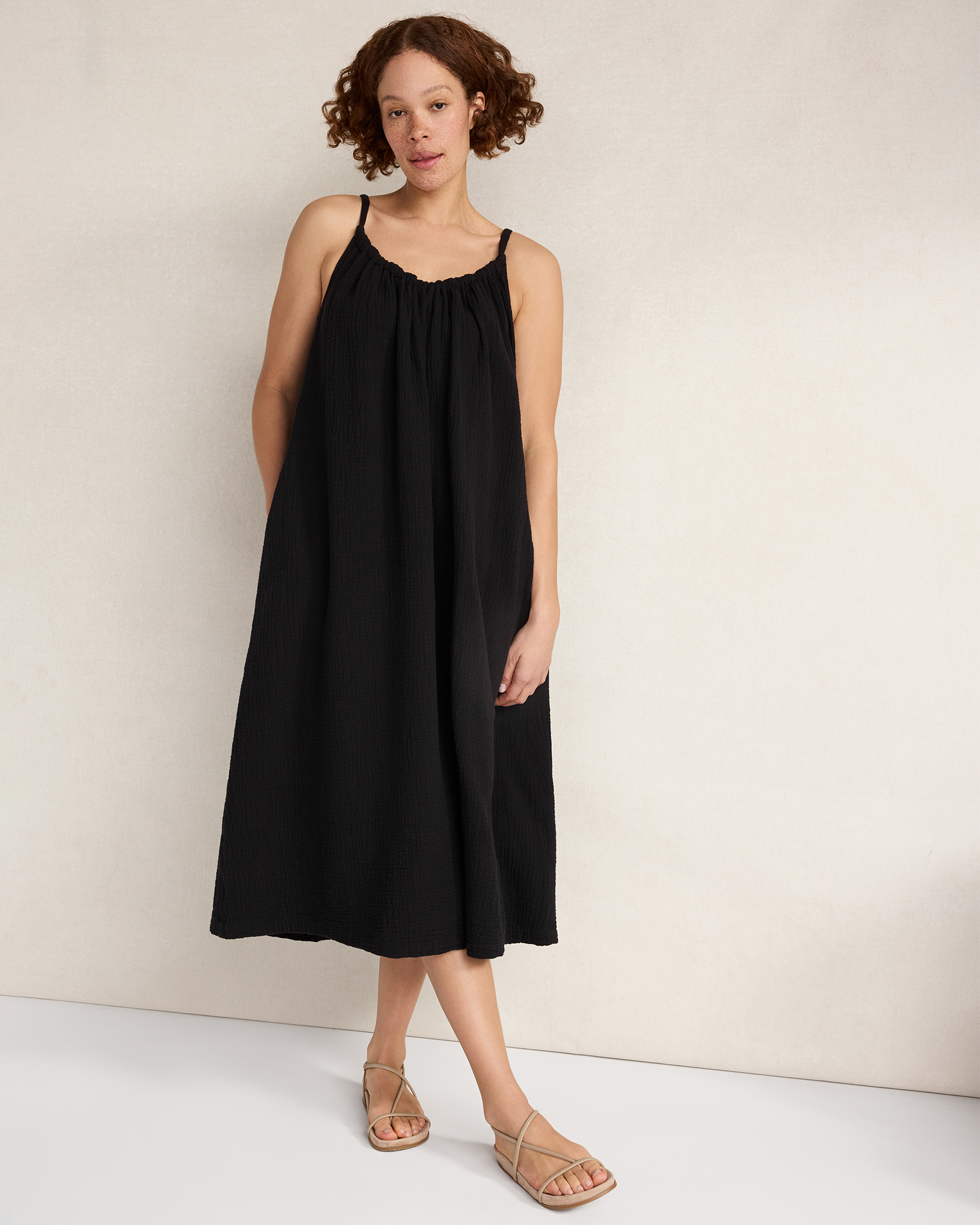 Textured Cotton Gauze Flowy Midi Dress Black Small 88$