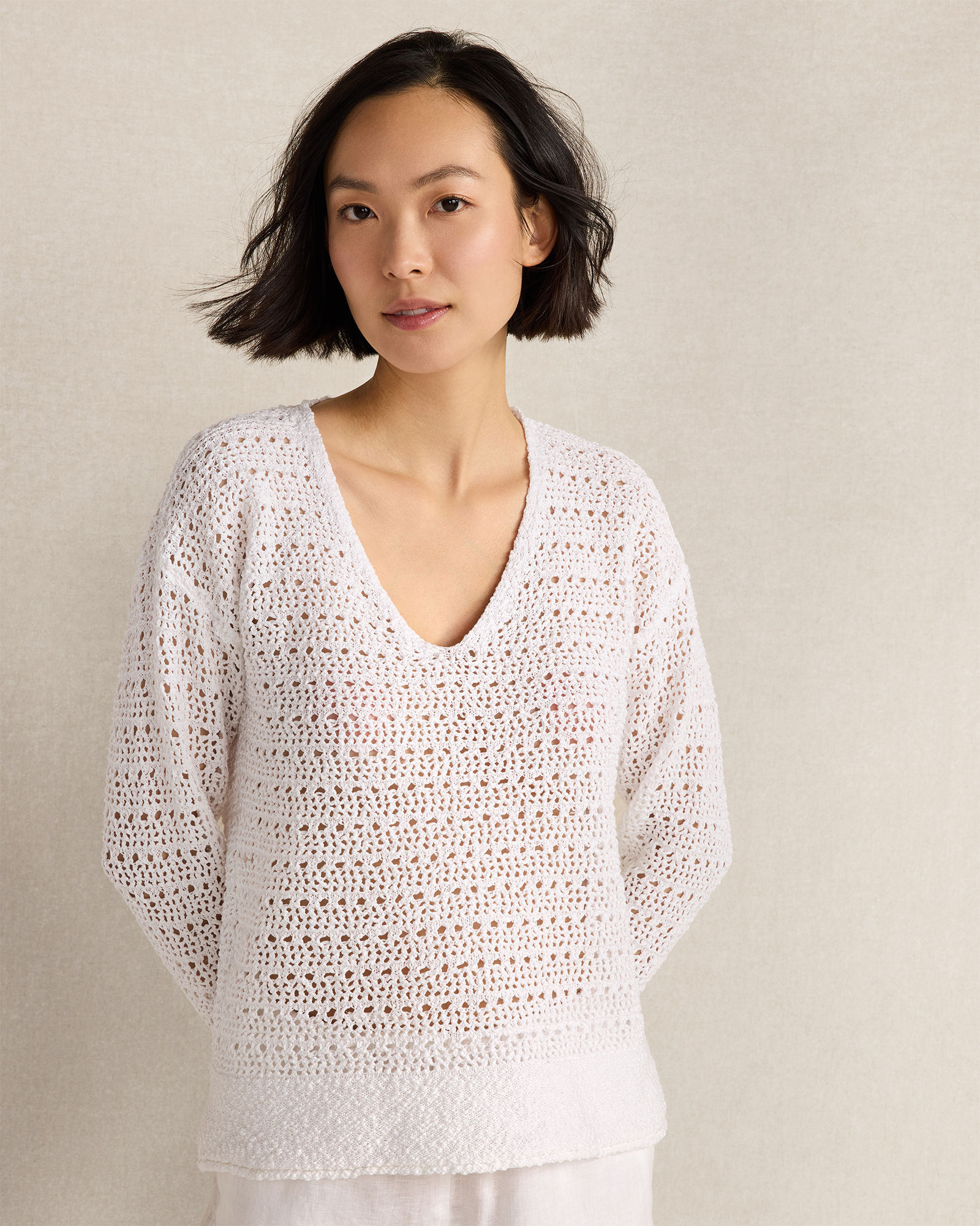 Textured Cotton V-Neck Sweater | White | XXL