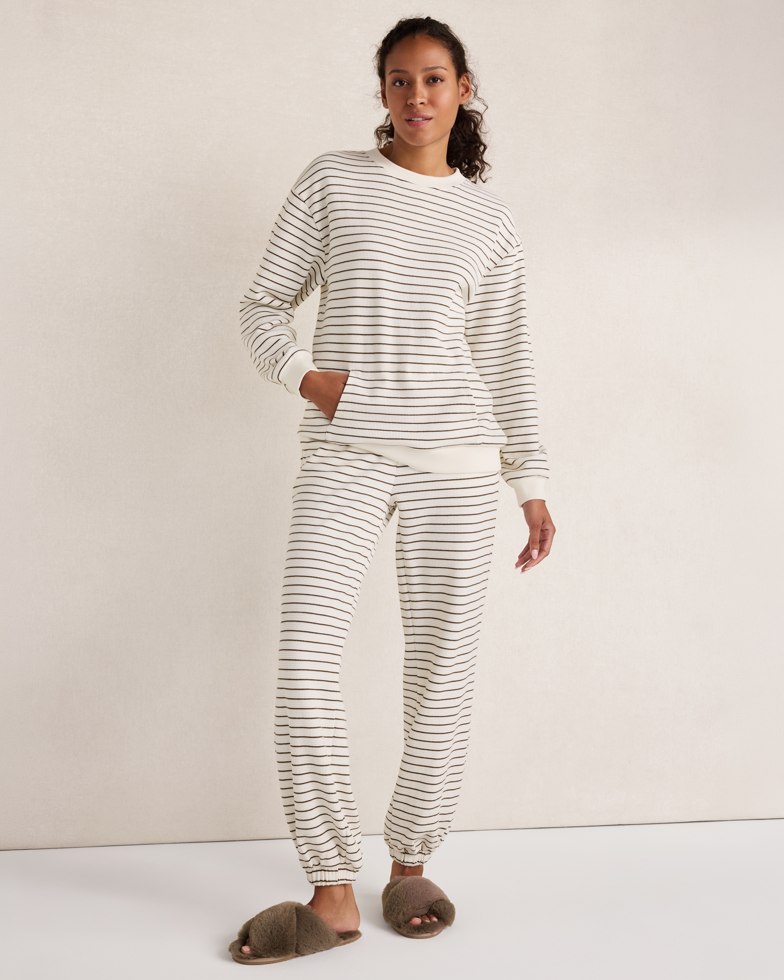 Resti Organic Cotton Waffle Striped Cuffed Pants | Natural/Deep Mocha | XL