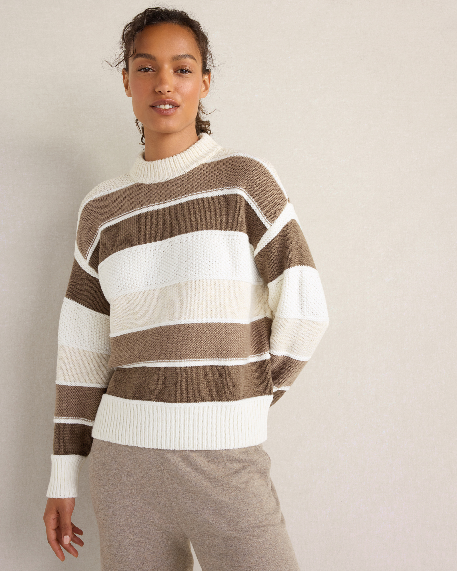 Cotton Blend Striped Crewneck Sweater | White Multicolor | Large