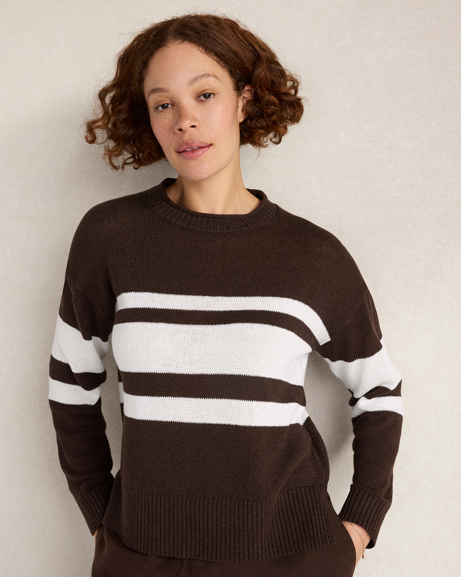 Cotton Linen Stripe Roll Neck Sweater | Coffee Bean/White | XL