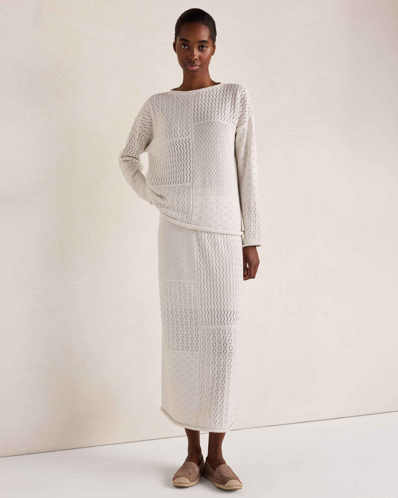 Organic Cotton Mixed Stitch Midi Skirt | White Oak | XXL