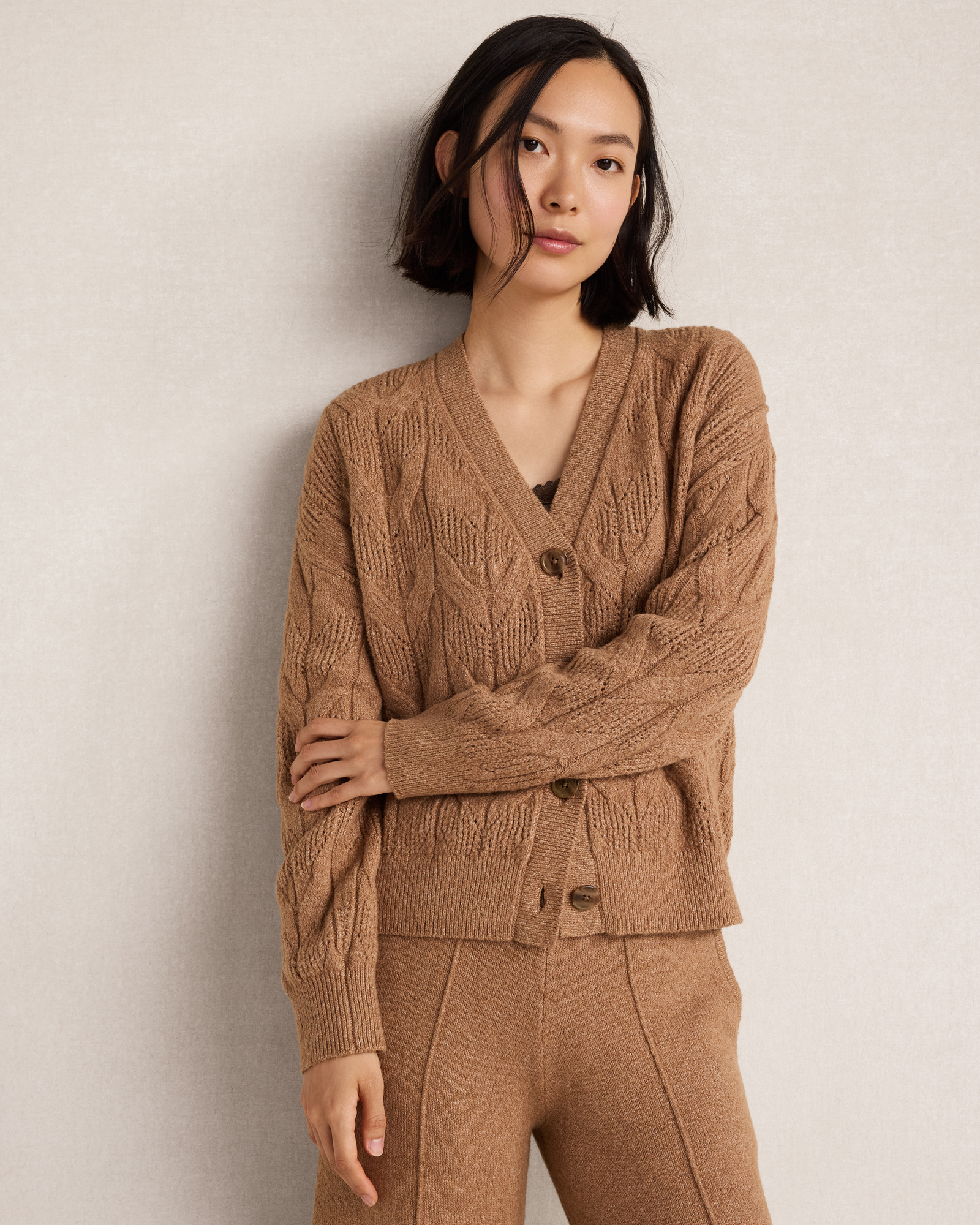 Organic Cotton Blend Cable Knit Cardigan | Brown | XXL
