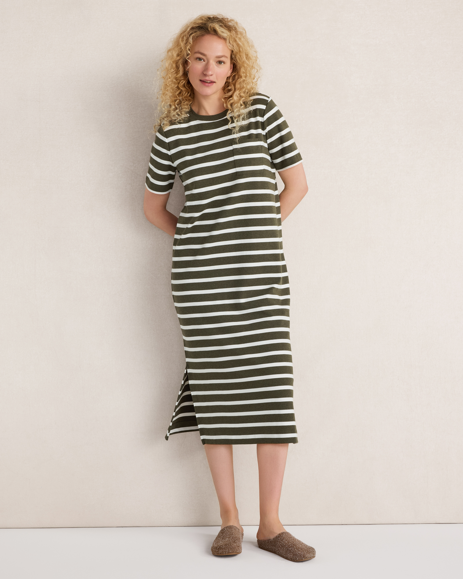 Organic Cotton Interlock Striped Short Sleeve Dress | Bay Leaf Hthr/White Oak | XXS
