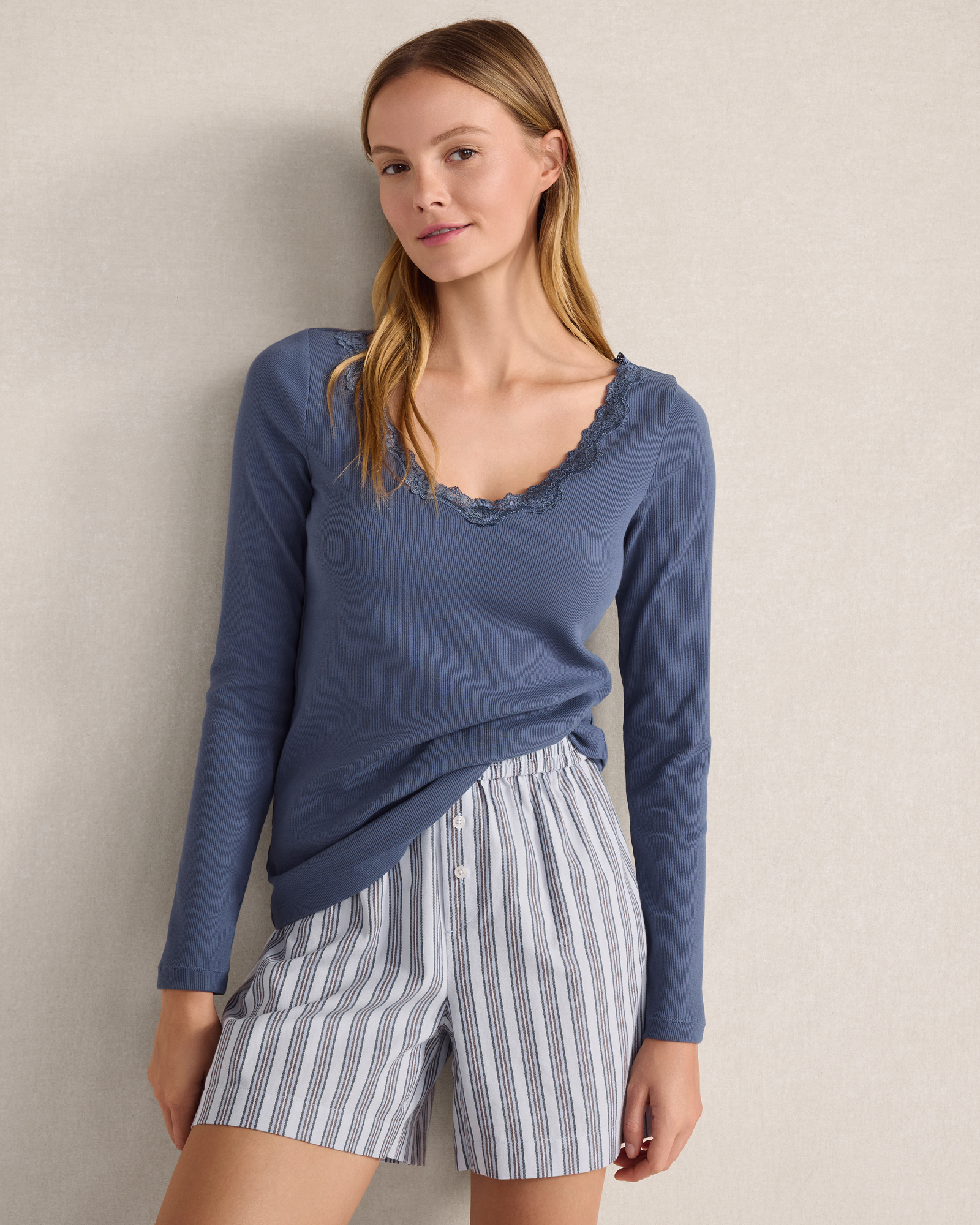 Resti Organic Cotton Rib Lace Long Sleeve Top | Indigo | XXL