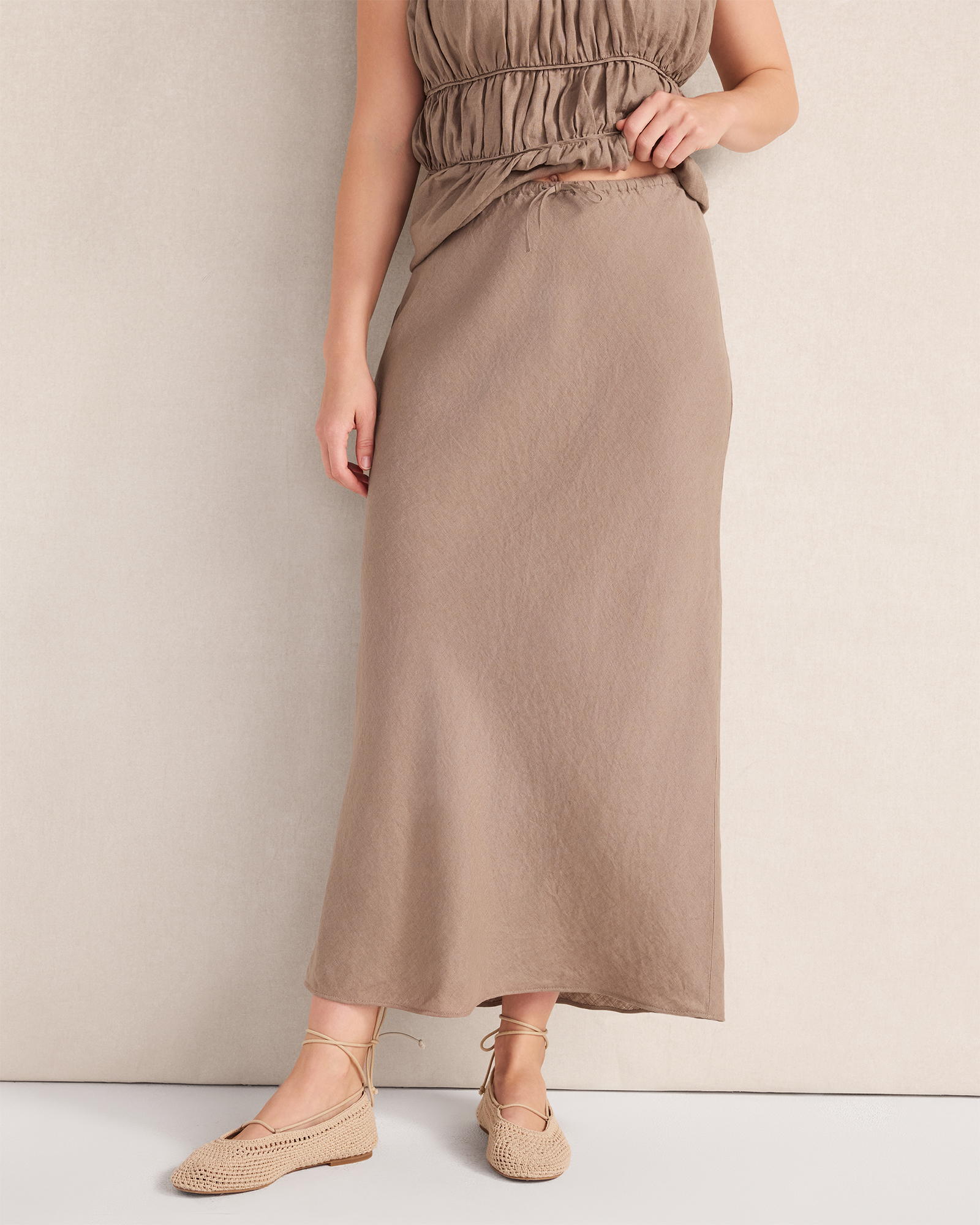 Linen Bias Cut Midi Skirt | Sugar Chestnut | XS