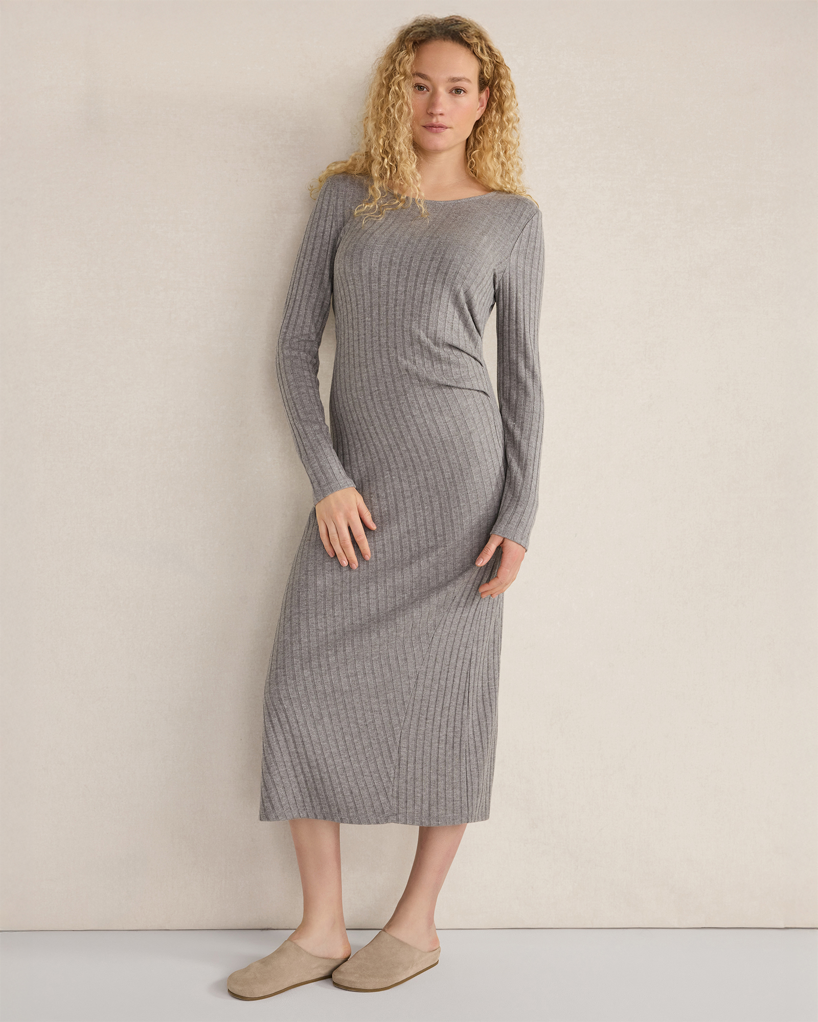 Wide Rib Knit Drapey Midi Dress Fog Hthr Large 100$