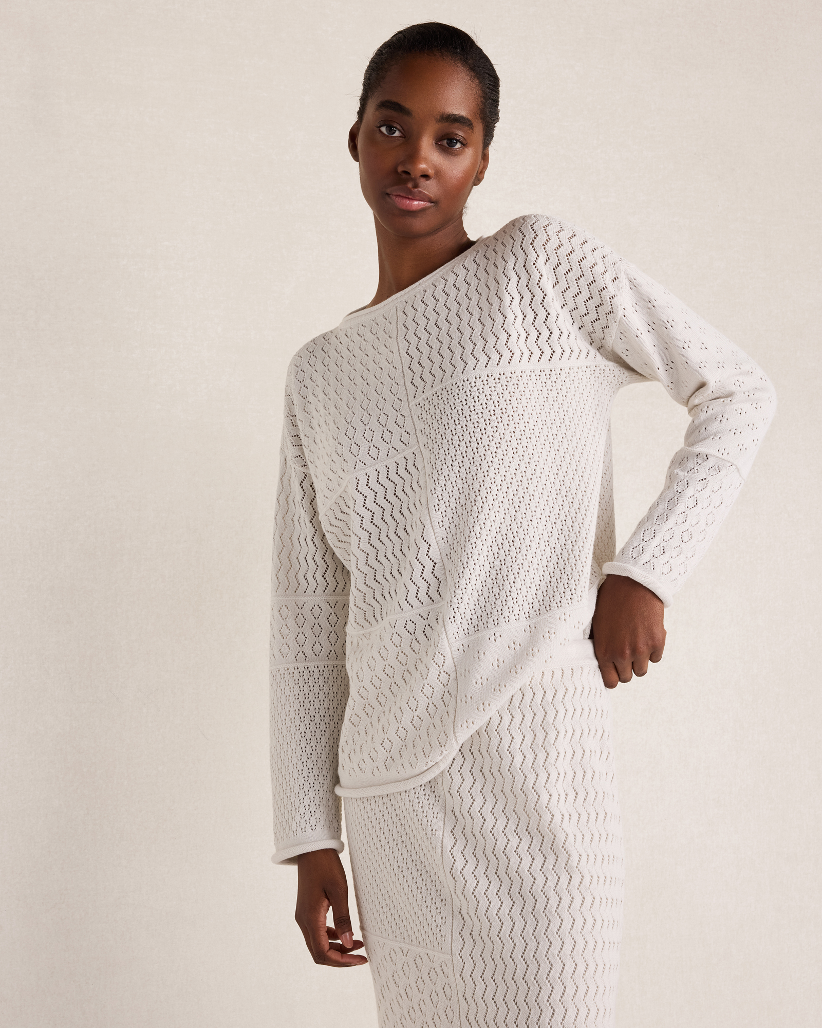 Organic Cotton Mixed Stitch Roll Neck Sweater | White Oak | XXL