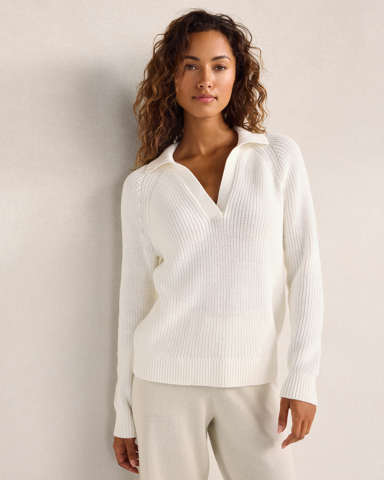 Organic Cotton Shaker Stitch Johnny Collar Sweater | White | XXL