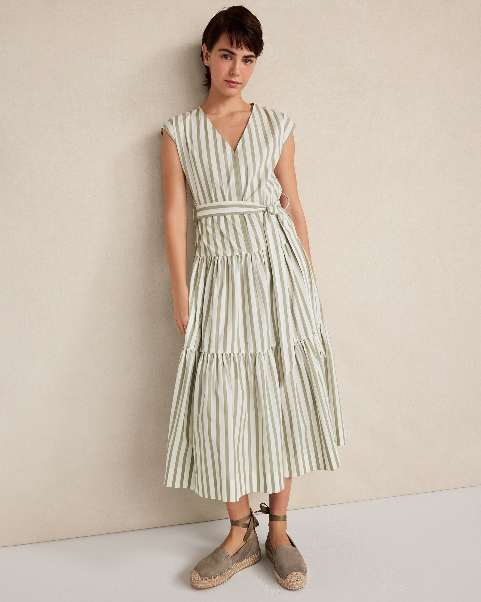 Organic Cotton Poplin Stripe Tiered Midi Dress WhiteVetiver Stripe XL 130$