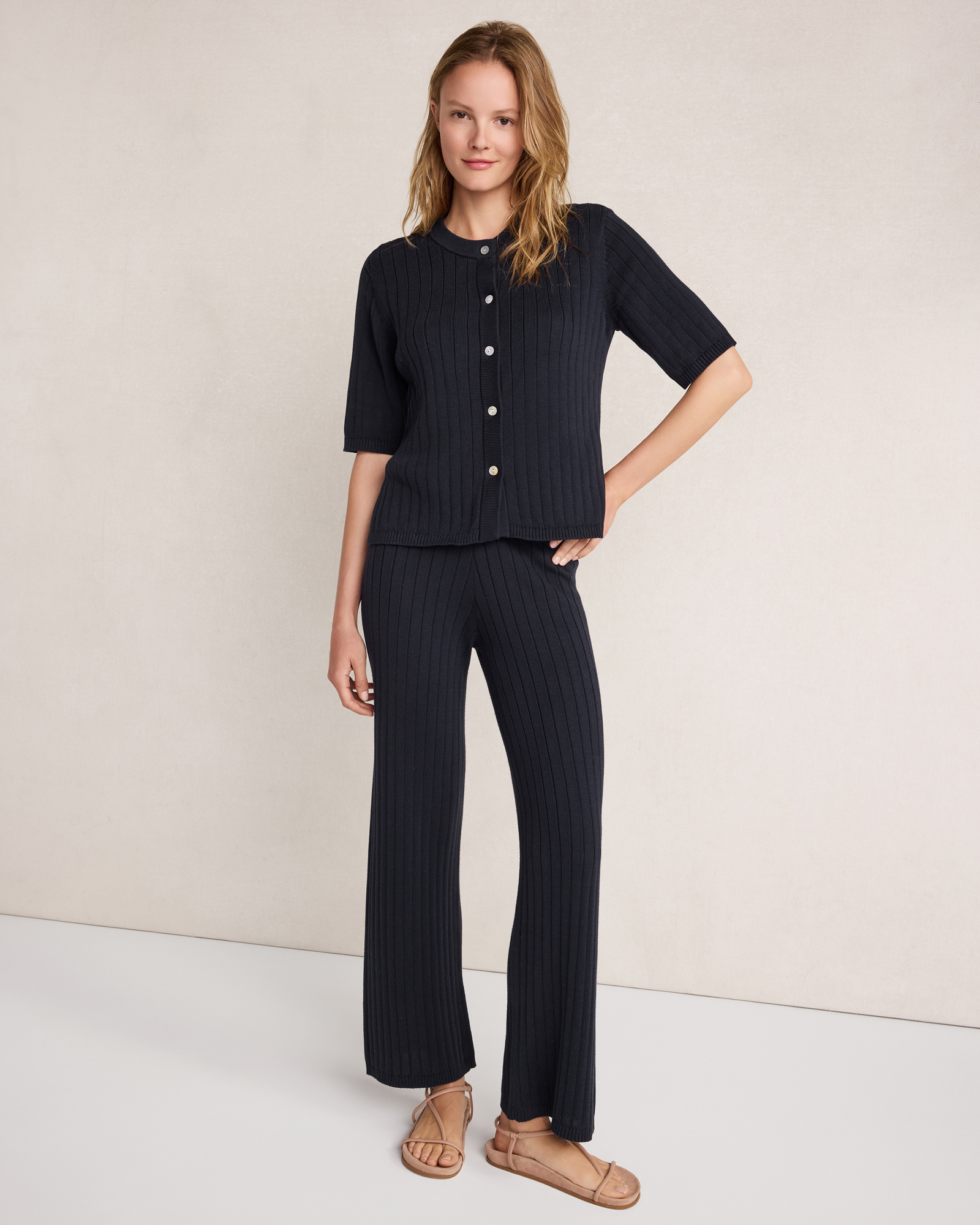 Organic Cotton Ribbed Wide Leg Pants | Nightfall | XXS