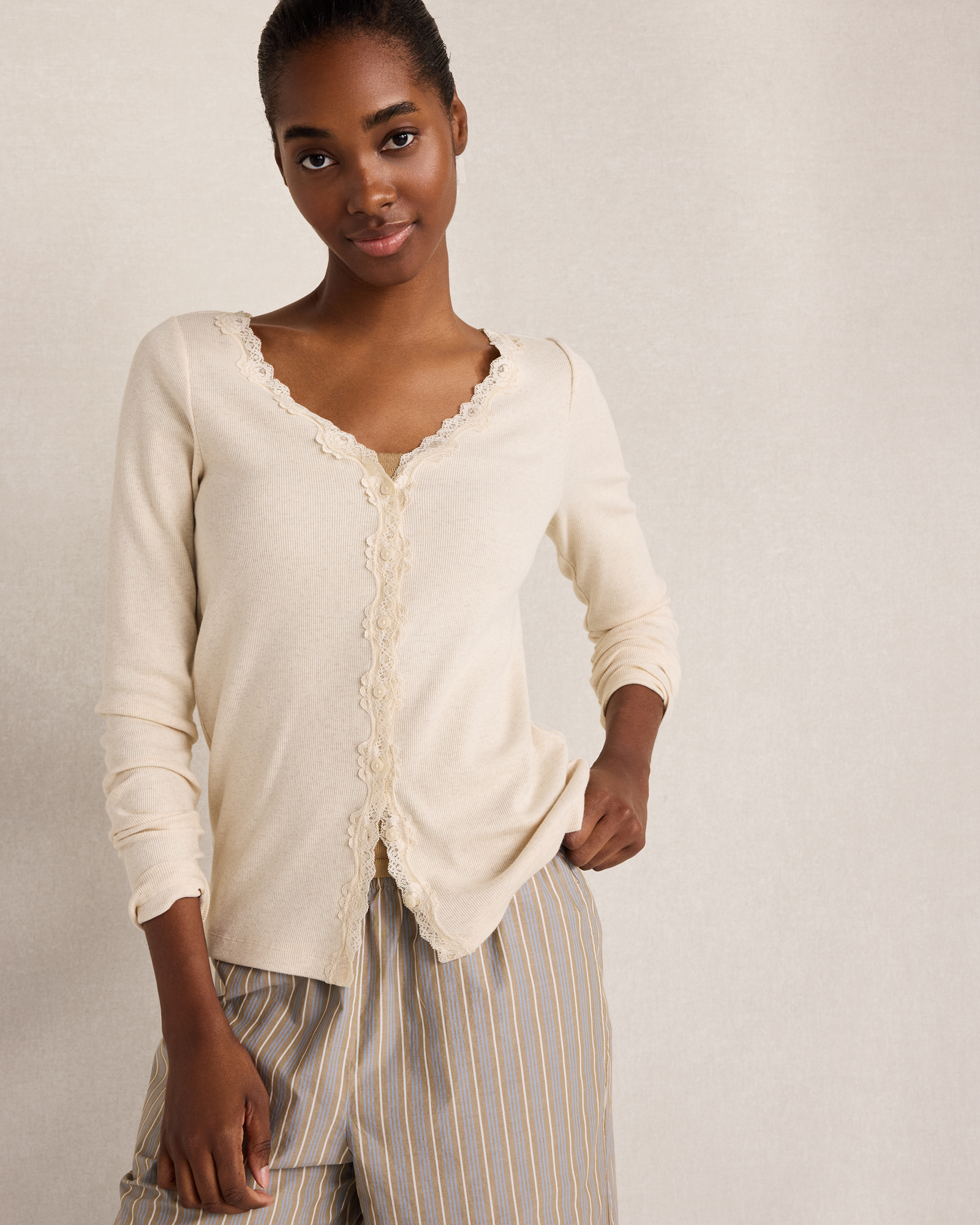 Resti Organic Cotton Rib Knit Lace Cardigan | Sandstone Hthr | XL