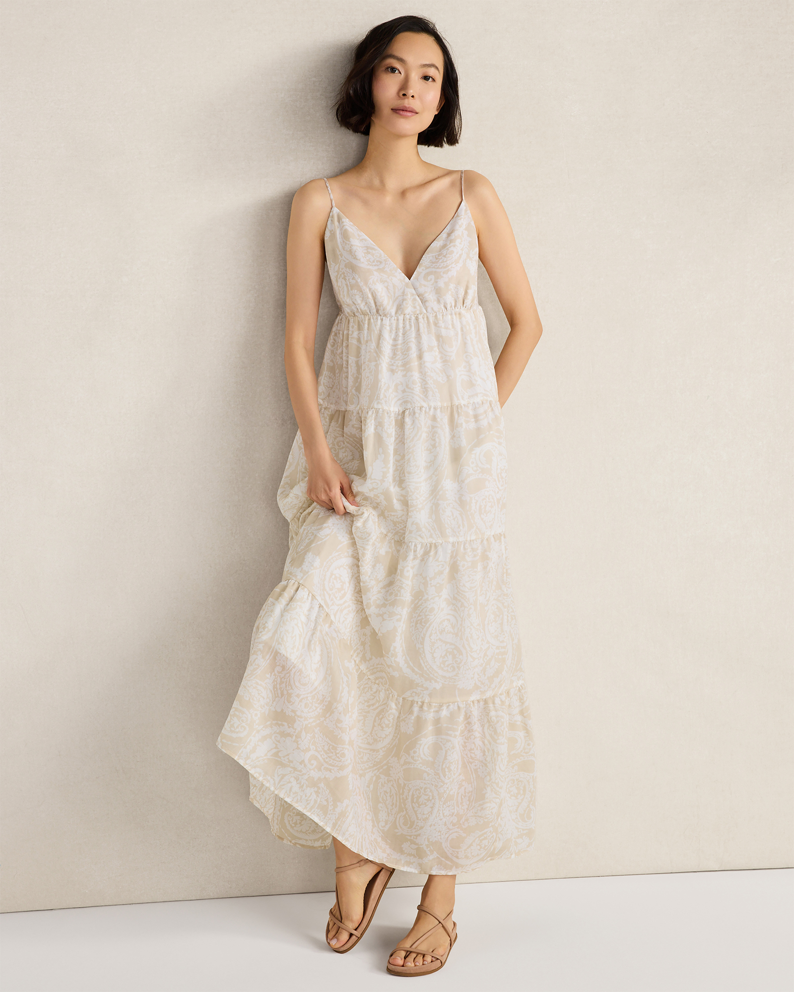Ramie Blend Paisley Tiered Maxi Dress Boho Paisley Allover Mist Small 198$
