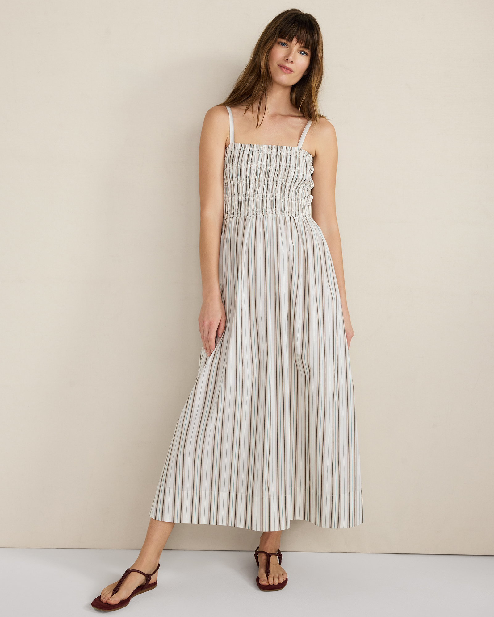 Organic Cotton Poplin Smocked Midi Dress WhiteTule Fog Stripe XS 140$
