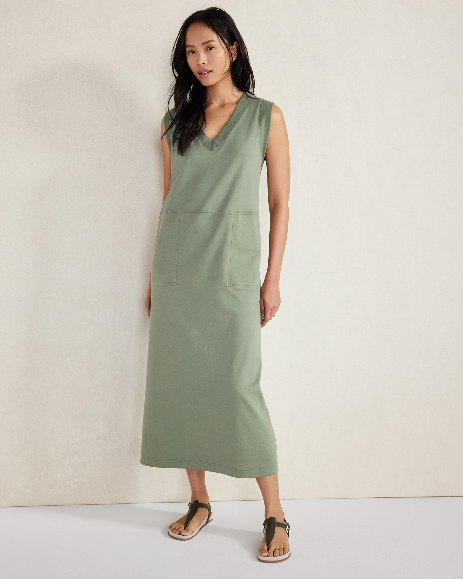 Organic Cotton Interlock V-Neck Dress Thyme Medium 90$