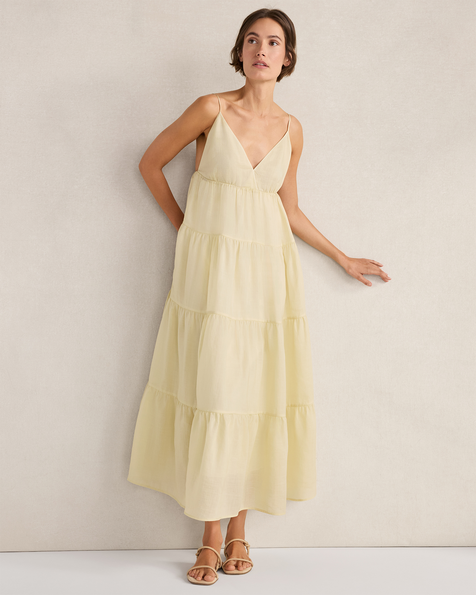 Ramie Blend Tiered Maxi Dress Celery Leaf XXS 178$