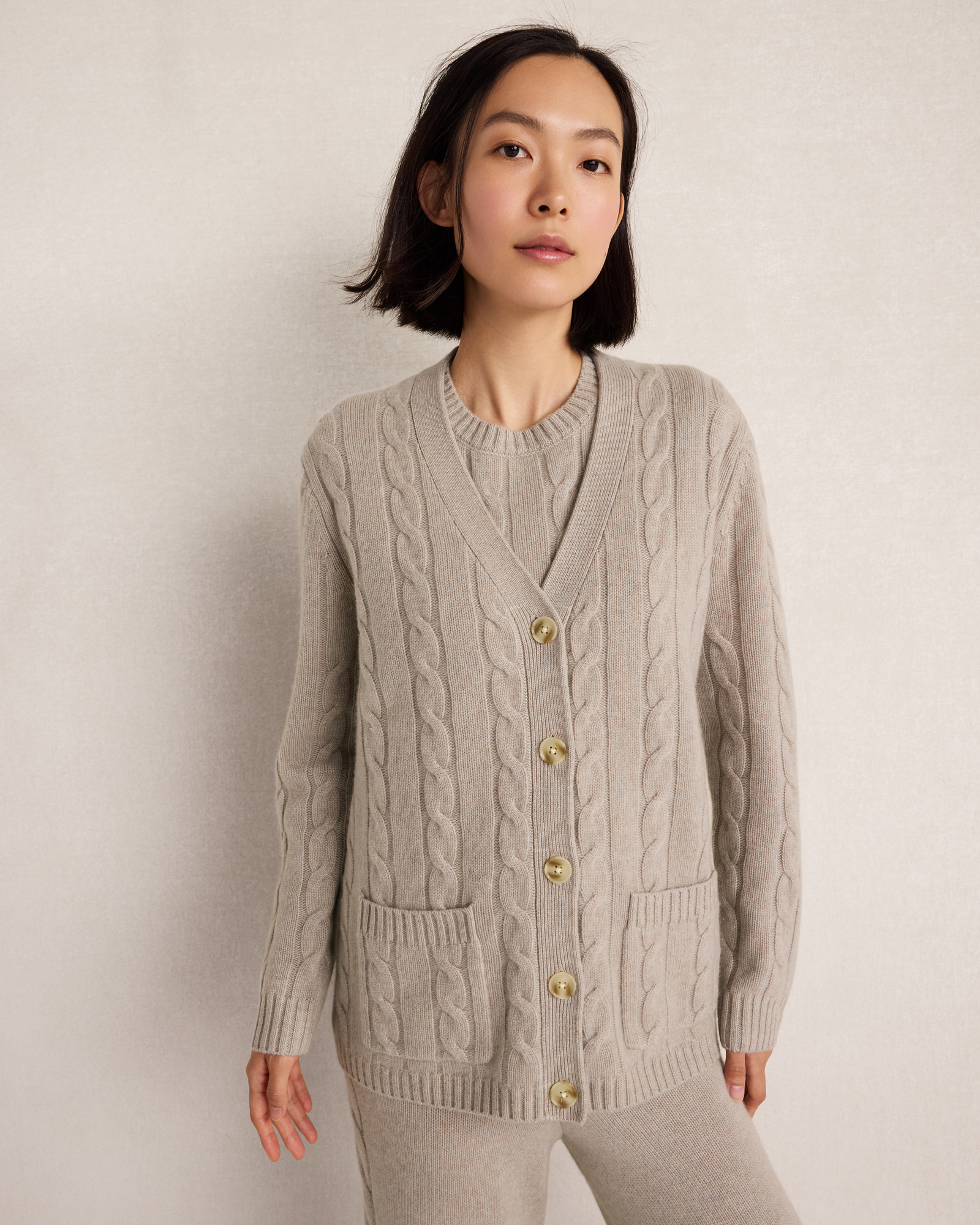 Cashmere Cable Knit Cardigan | Lt Mushroom Hthr | XXL
