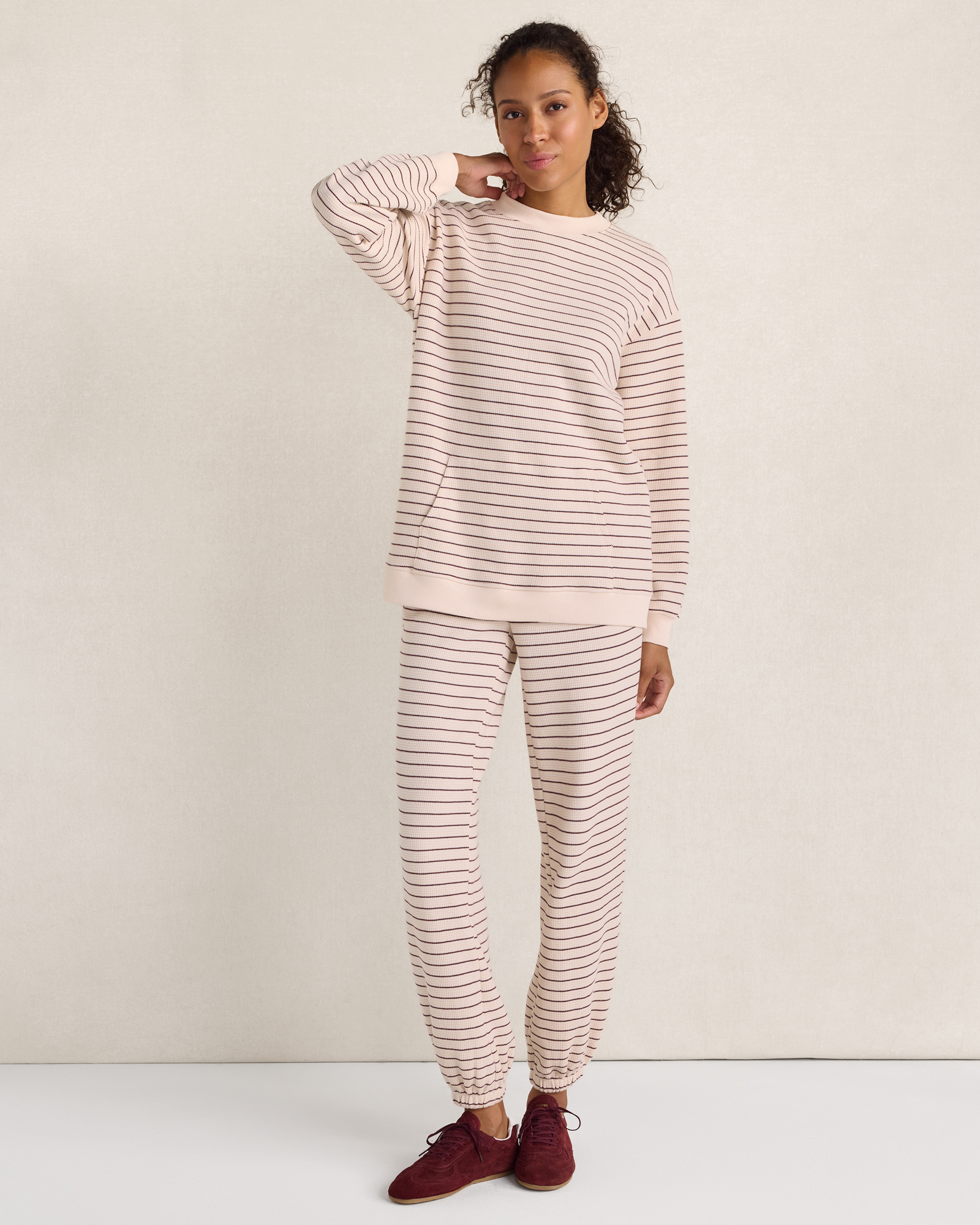 Resti Organic Cotton Waffle Striped Cuffed Pants | Whisper Pink/Deep Merlot | XXL