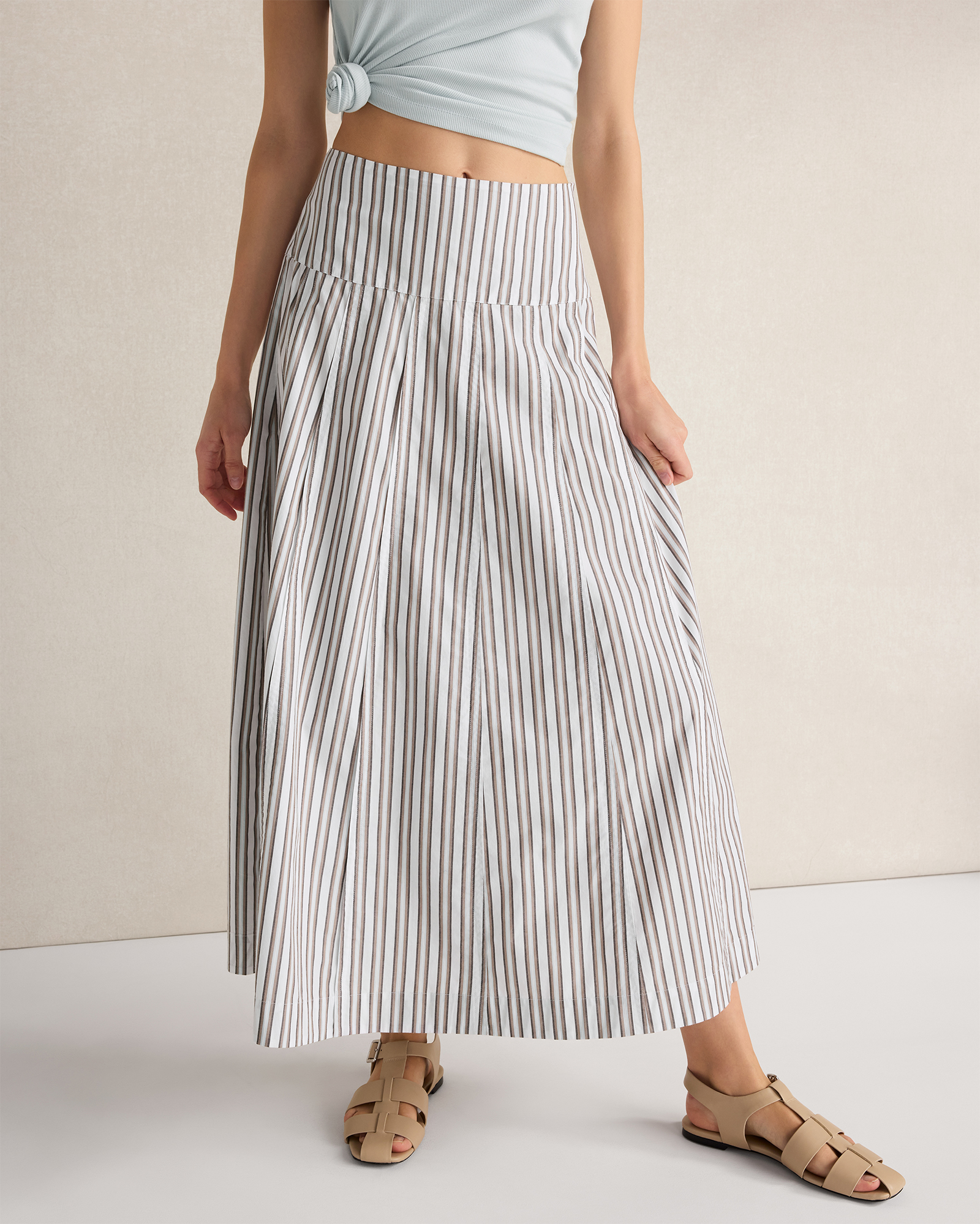 Organic Cotton Poplin Stripe Drop Waist Skirt Woven Multicolor Stripe Coffee Medium 128$
