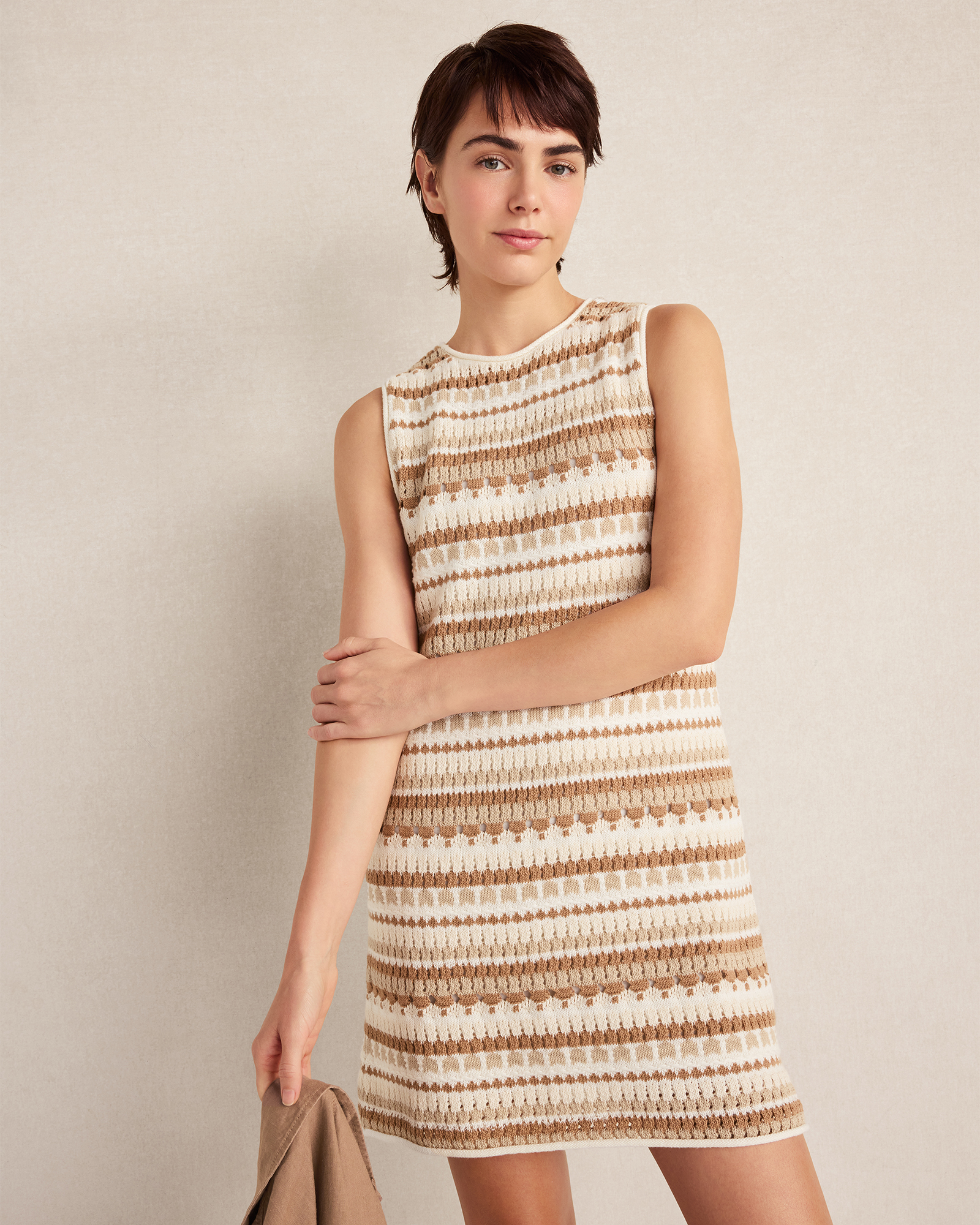 Cotton Textured Stripe Mini Dress Neutral Combo Large 120$