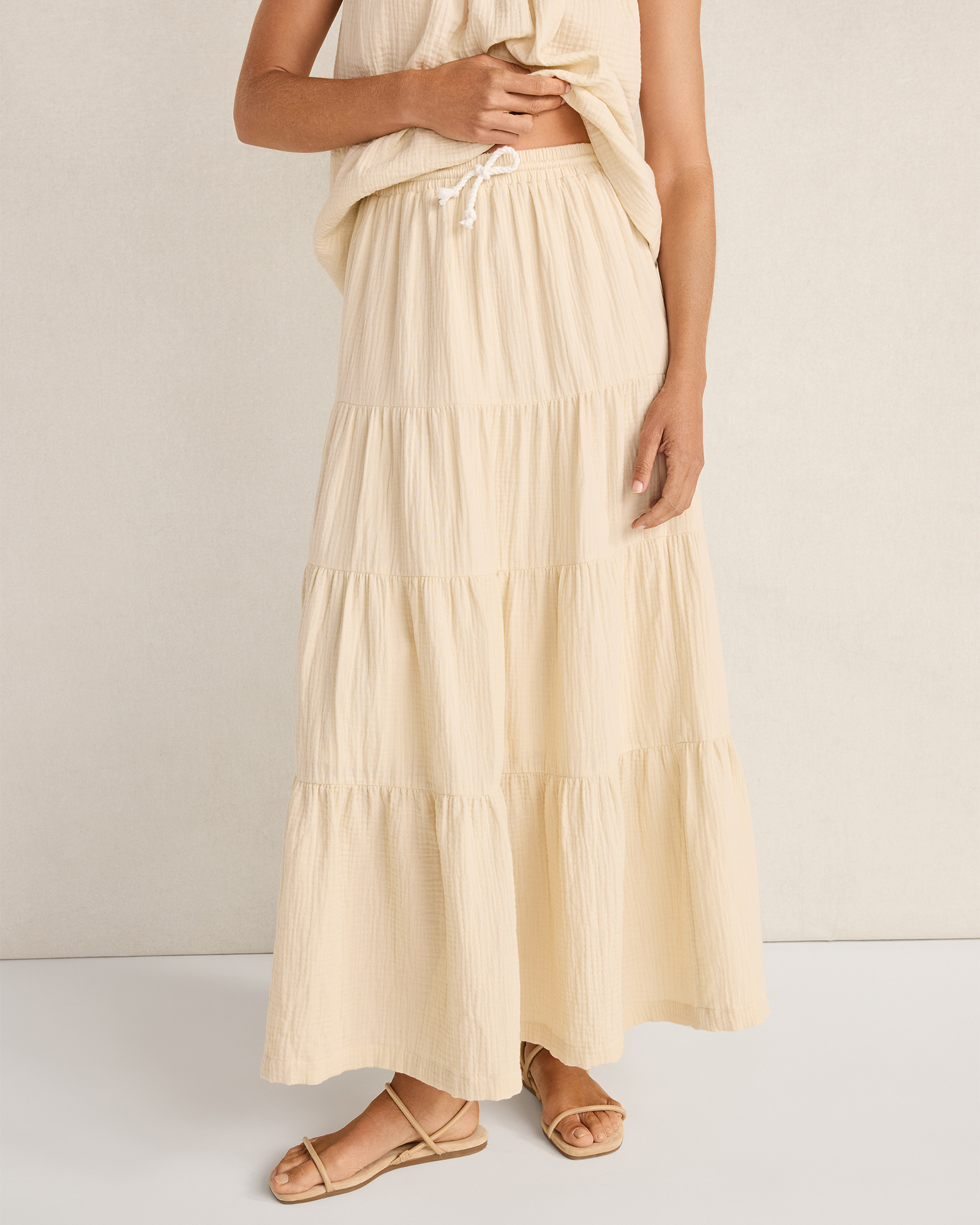 Organic Cotton Gauze Tiered Maxi Skirt Misty Beige XXL 128$