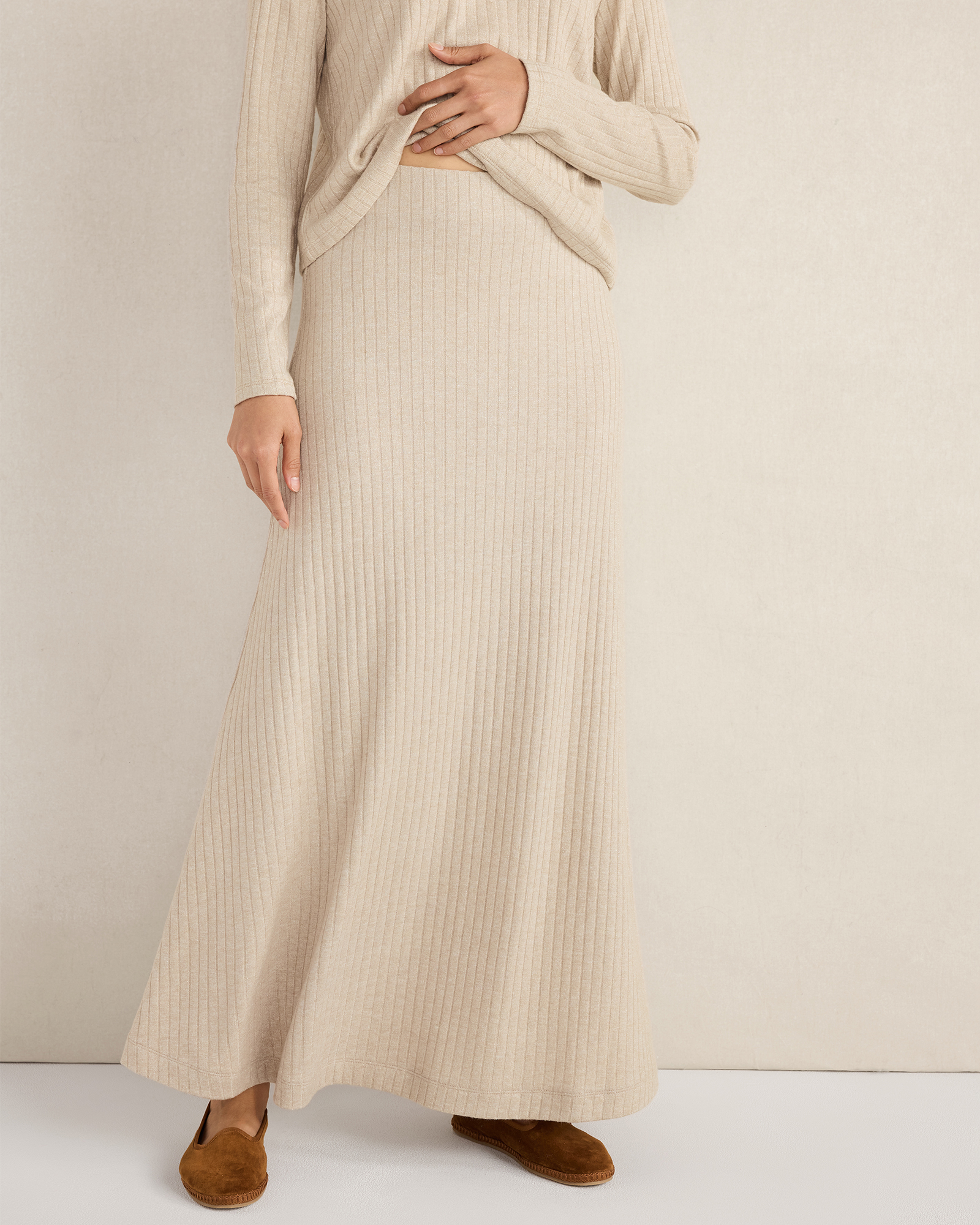 Lurex Rib Knit Maxi Skirt Champagne Hthr Metallic Large 90$