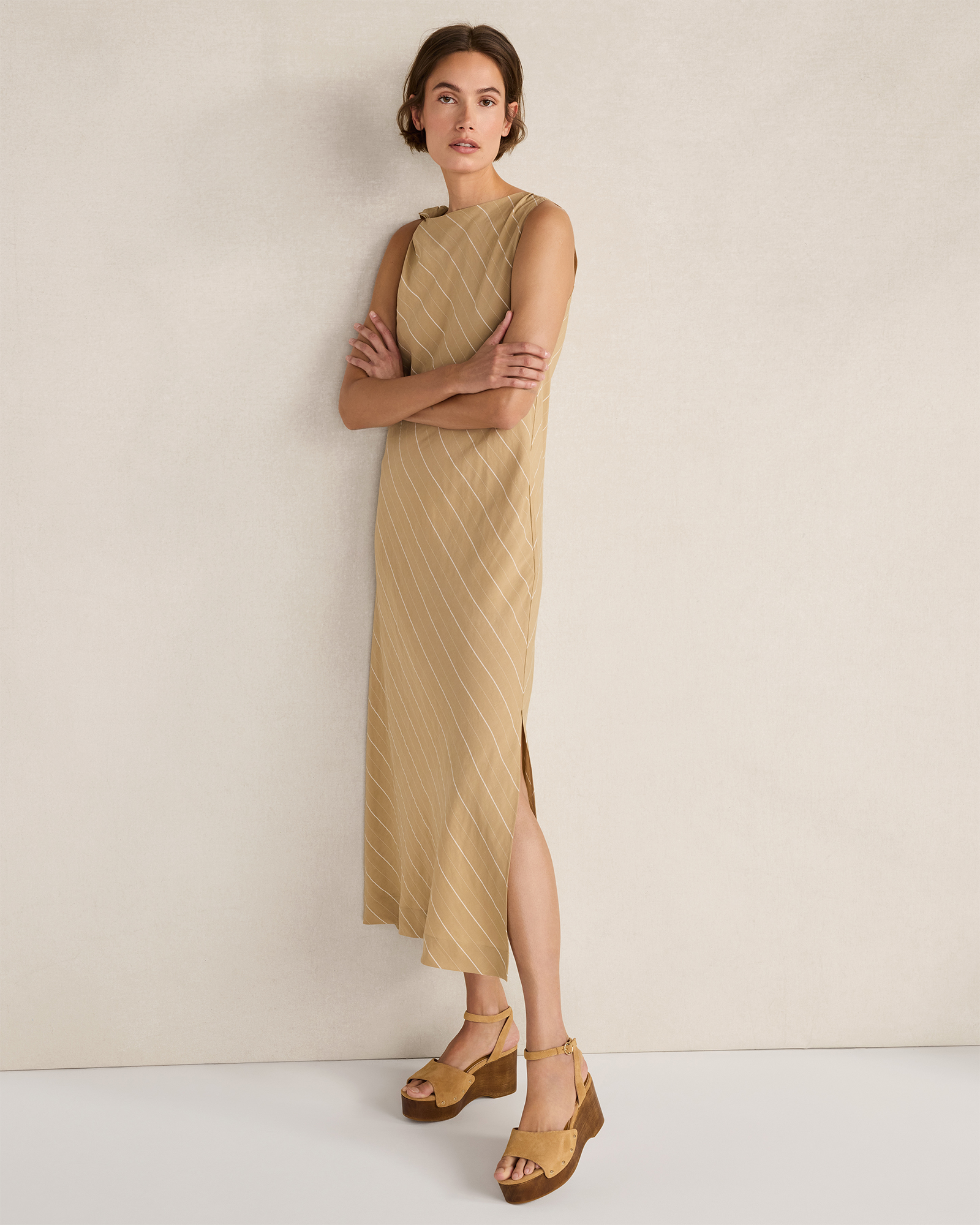 Silky Linen Blend Maxi Dress Seta Stripe Neutral Multicolor XS 148$