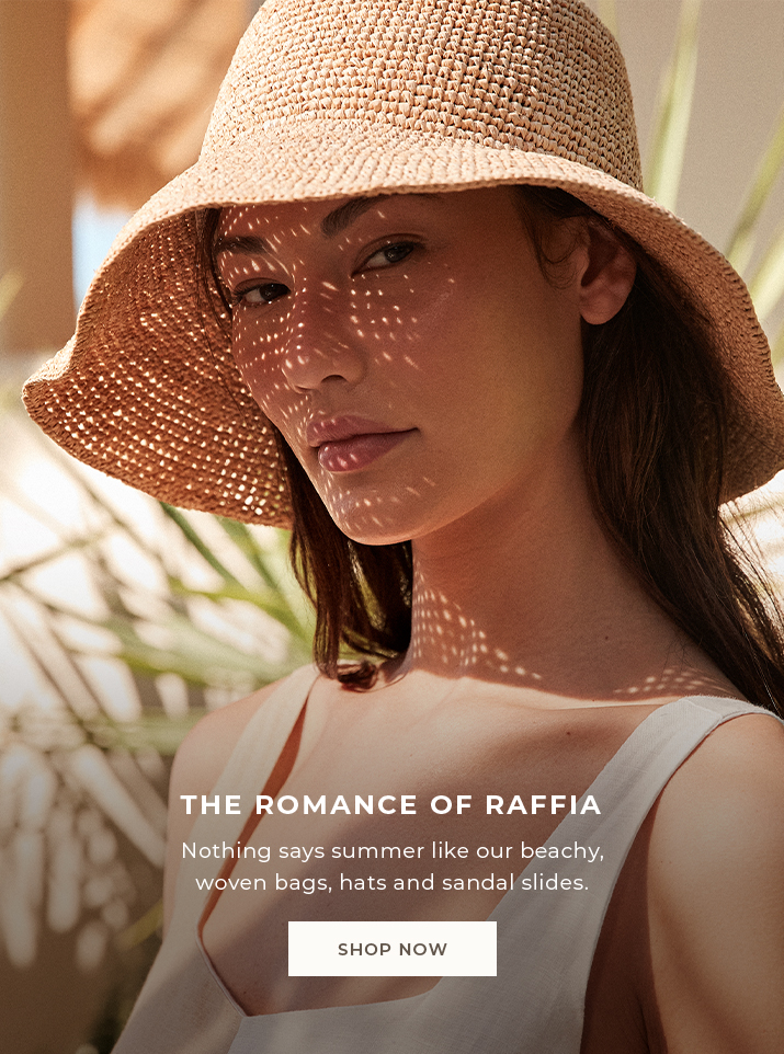 The romance of Raffia. Nothing says summer like our beachy, woven bags, hats and sandal slides